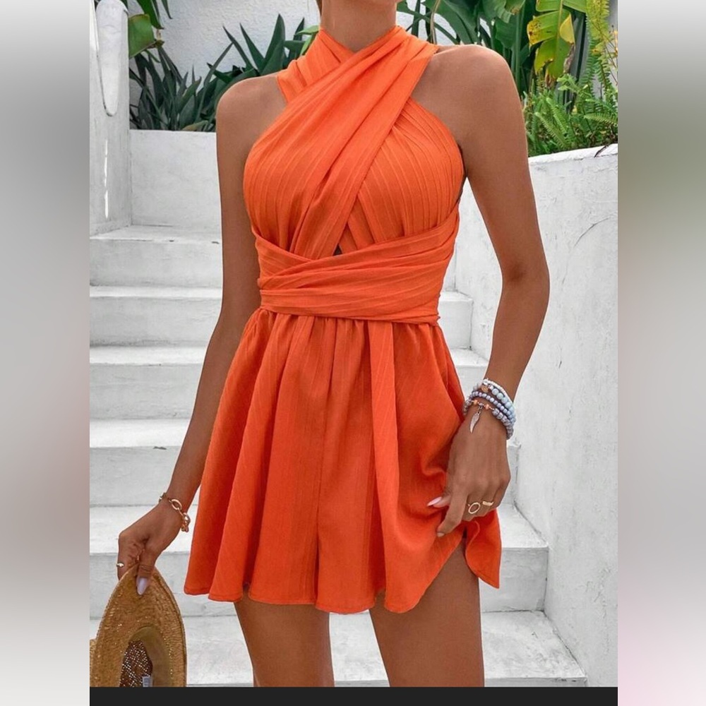 Cross-Neck Orange Romper